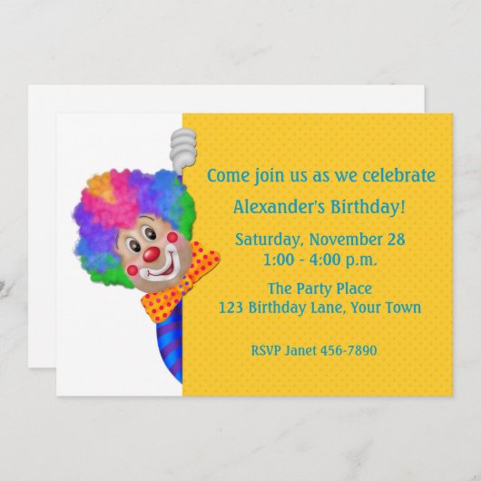 Funny Clown, Birthday Party Kaart (Voorkant / Achterkant)