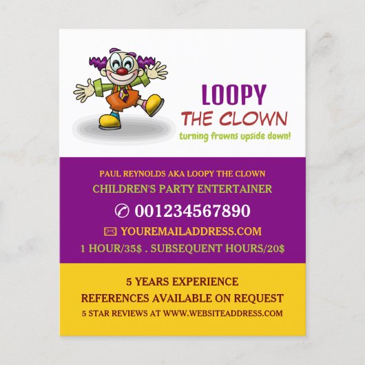 Funny Clown, Kinder entertainer, Clown Adverteren Flyer (Voorkant)