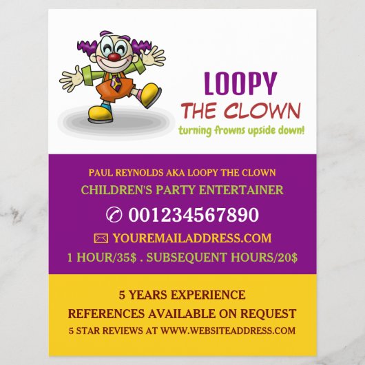 Funny Clown, Kinder entertainer, Clown Adverteren Flyer (Voorkant)