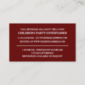 Funny Clown, Kinder entertainer, clown Visitekaartje (Achterkant)