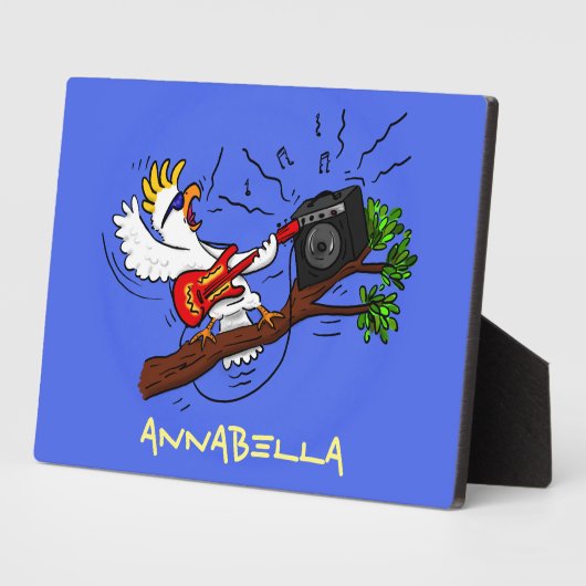 Funny cockatoo speelt rockgitaar cartoon fotoplaat (Zijkant)