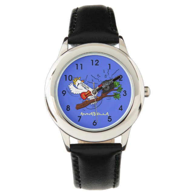 Funny cockatoo speelt rockgitaar cartoon horloge (Voorkant)