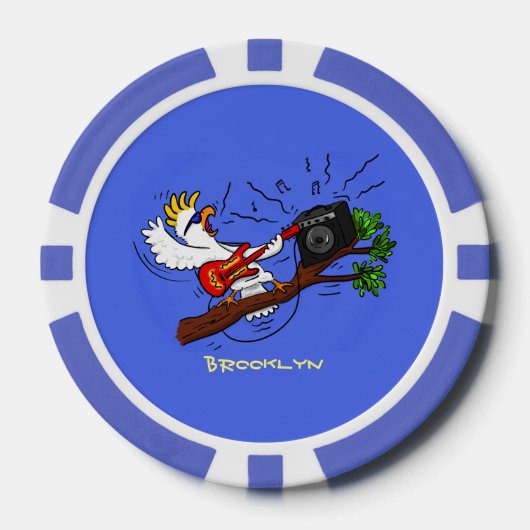 Funny cockatoo speelt rockgitaar cartoon poker chips (Voorkant)