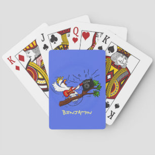 Funny cockatoo speelt rockgitaar cartoon pokerkaarten