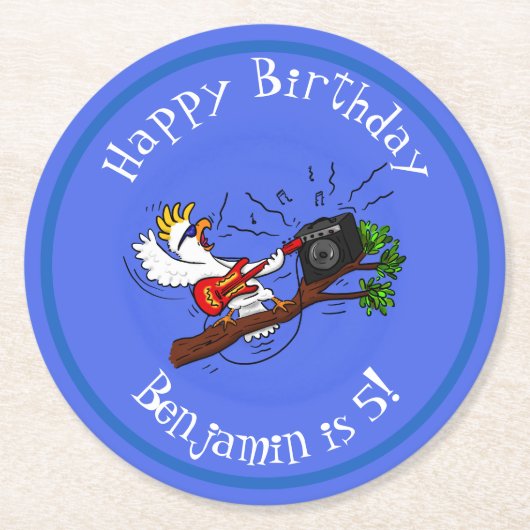 Funny cockatoo speelt rockgitaar cartoon ronde kartonnen onderzetter (Voorkant)