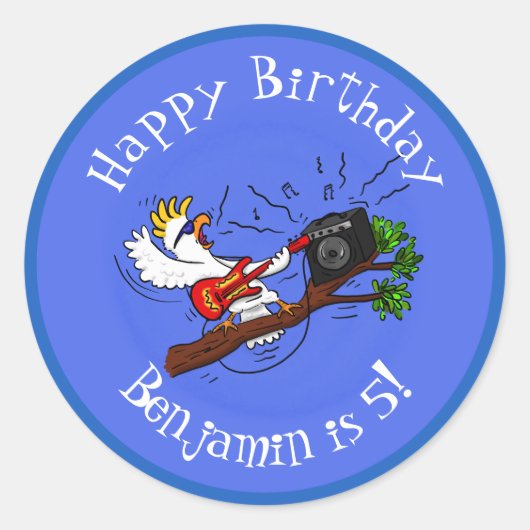 Funny cockatoo speelt rockgitaar cartoon ronde sticker (Voorkant)