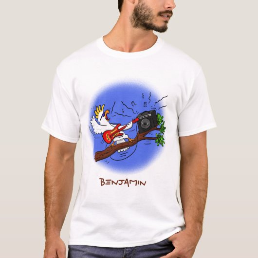 Funny cockatoo speelt rockgitaar cartoon t-shirt (Voorkant)