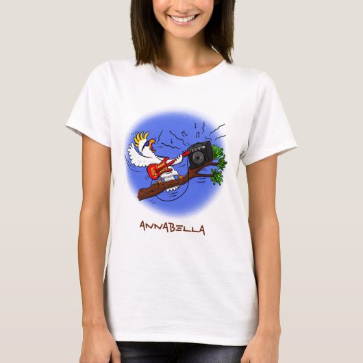 Funny cockatoo speelt rockgitaar cartoon t-shirt (Voorkant)