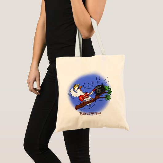 Funny cockatoo speelt rockgitaar cartoon tote bag (Voorkant (product))