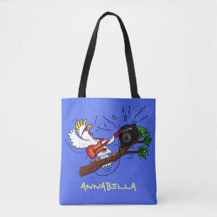 Funny cockatoo speelt rockgitaar cartoon tote bag