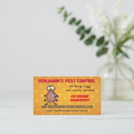 Funny cockroach insect pest control business visitekaartje (Staand voorkant)