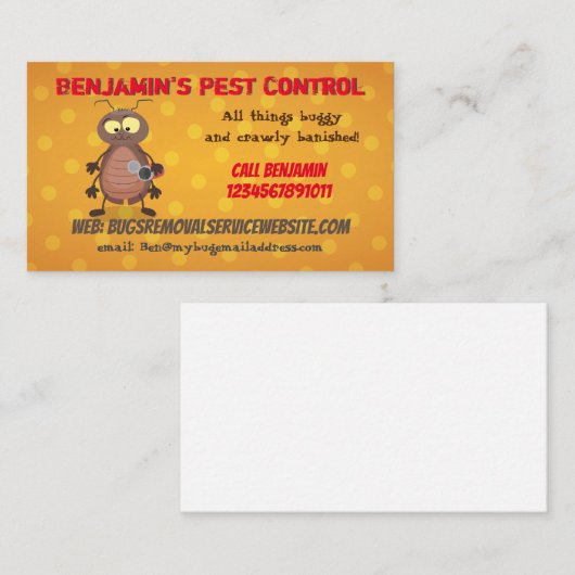 Funny cockroach insect pest control business visitekaartje (Voorkant / Achterkant)