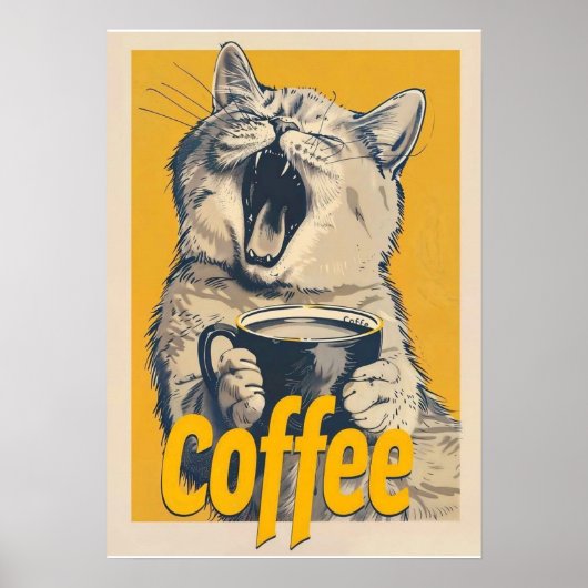 Funny Coffee Cat Illustration – Yawning Cat Coffee Poster (Voorkant)