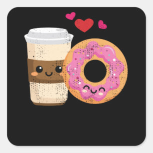 Funny Coffee en Donut Couple Kawaii Valentijnse  Vierkante Sticker