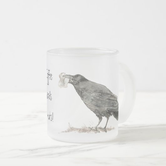 Funny Coffee heeft Donuts nodig. Ravens Bird Matglas Koffiemok (Voorkant rechts)