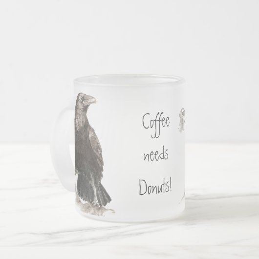 Funny Coffee heeft Donuts nodig. Ravens Bird Matglas Koffiemok (Voorkant links)