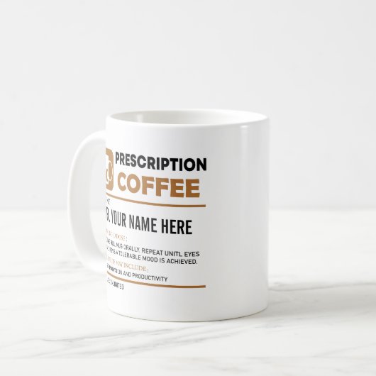Funny Coffee Prescription, Personalized Name Koffiemok (Voorkant links)