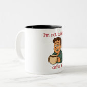 Funny Coffee Quote Cartoon Tweekleurige Koffiemok (Voorkant links)