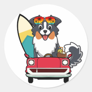 Funny Collie Dog rijdt naar het strand Ronde Sticker