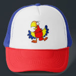 Funny Colorful Cartoon Parrot Bird Trucker Pet<br><div class="desc">Let this funny colorful cartoon parrot bring a lively and playful energy to your aesthetic. Featuring a bold red body, bright yellow and blue wings, and a giant comical beak, this happy macaw illustration is created with a vibrant comic style. The target audience for this playful graphic includes young children,...</div>