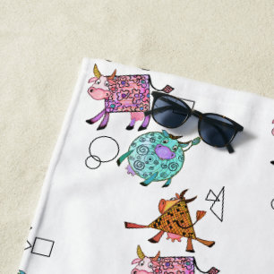 Funny Colorful Geometric Cute Cows Cartoon Tekenin Strandlaken