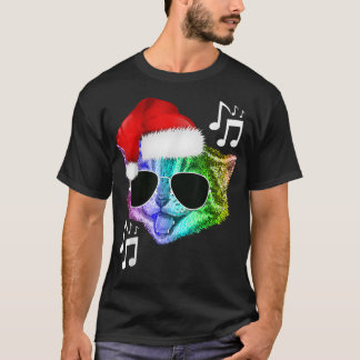 Funny Colorful Rainbow DJ Music Kitty Cat Santa Ch T-shirt