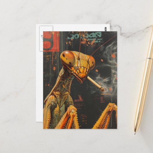 Funny Colorful Smoking Mantis Surreal Briefkaart (Voorkant / Achterkant in situ)