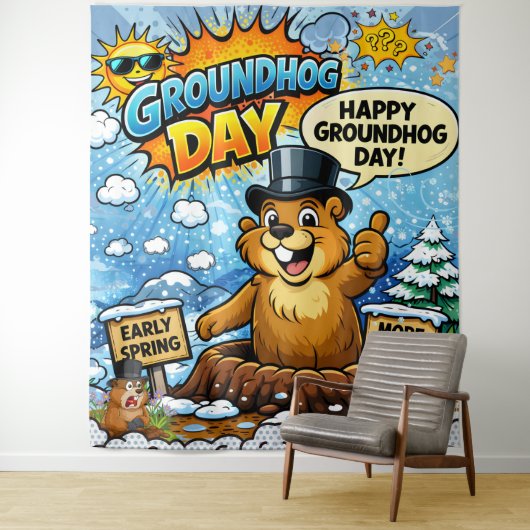 Funny Comic Groundhog Day  Backdrop Wandkleed (In situ)