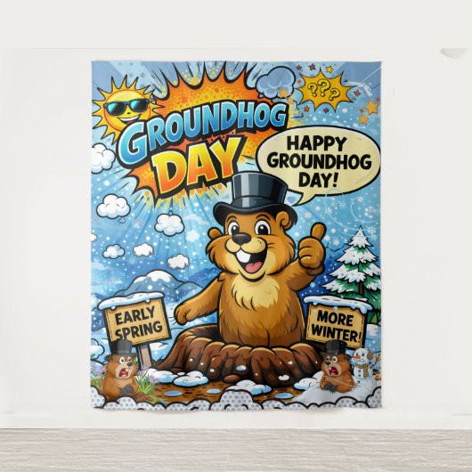 Funny Comic Groundhog Day  Backdrop Wandkleed (Voorkant)