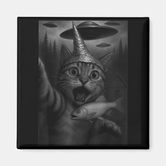 Funny Consracy Cat In Tin Foil Hat Panics At Alien Magneet (Voorkant)