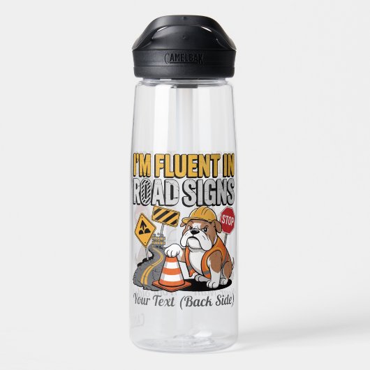 Funny Construction Bulldog Cartoon Road Sign Waterfles (Achterkant)