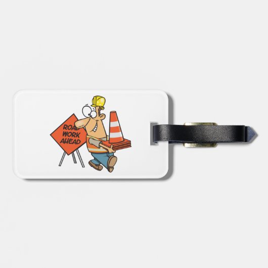 Funny Construction Worker Road Work Ahead Sign Bagagelabel (Achterkant horizontaal)