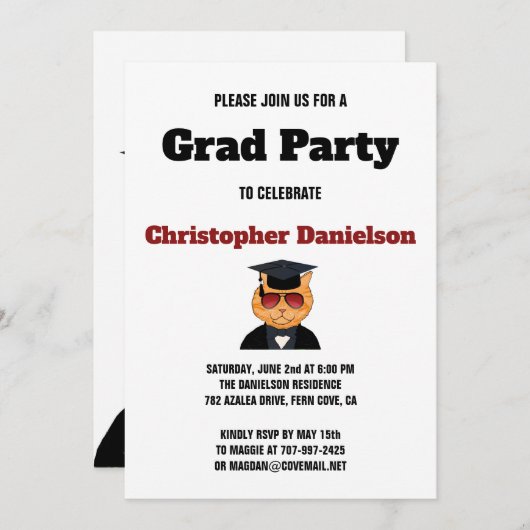 Funny Cool Cat Cartoon Graduation Party Invitation Kaart (Voorkant / Achterkant)
