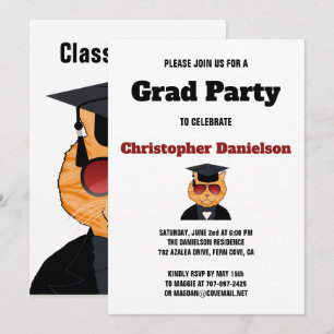 Funny Cool Cat Cartoon Graduation Party Invitation Kaart