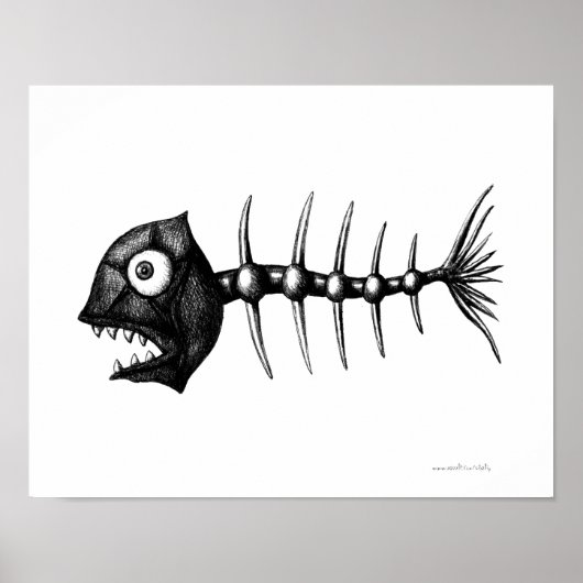 Funny cool fish skeleton ink drawing art poster (Voorkant)