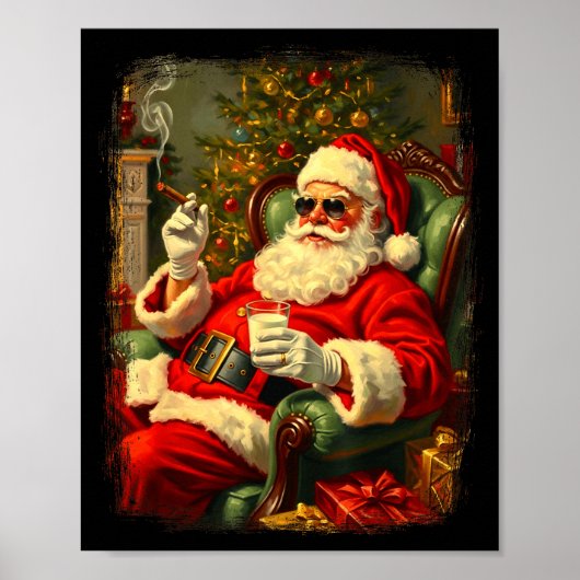 Funny Cool Sungles Cigar And Milk Santa Christmas  Poster (Voorkant)