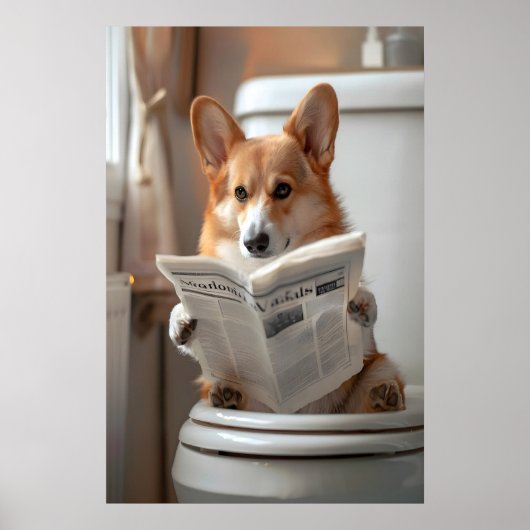 Funny Corgi Bathroom Print, Toilet Newspaper Art Poster (Voorkant)