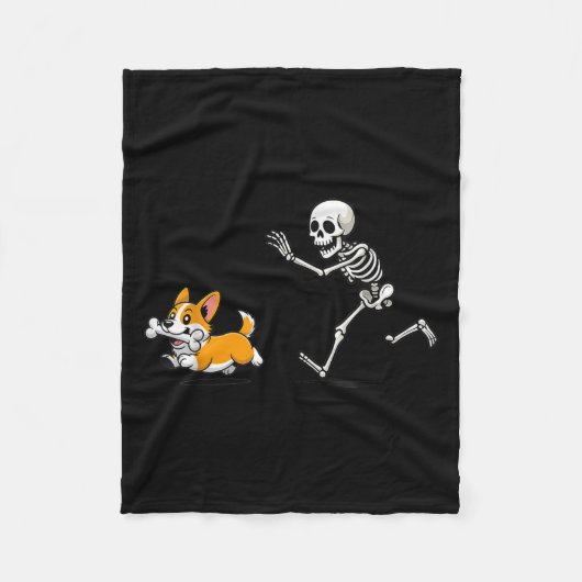 Funny Corgi Dog Steals Skeleton Bone Halloween  Fleece Deken (Voorkant)