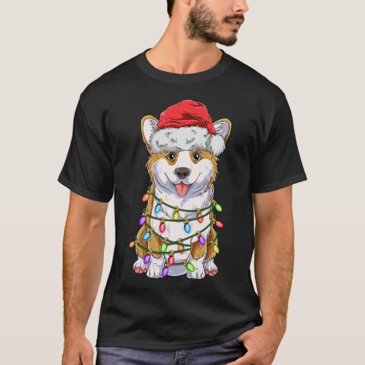 Funny Corgi Kerstmis Lights Gift Santa Hat D T-shirt (Voorkant)