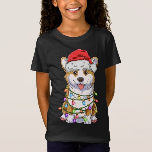 Funny Corgi Kerstmis Lights Gift Santa Hat D T-shirt (Voorkant)