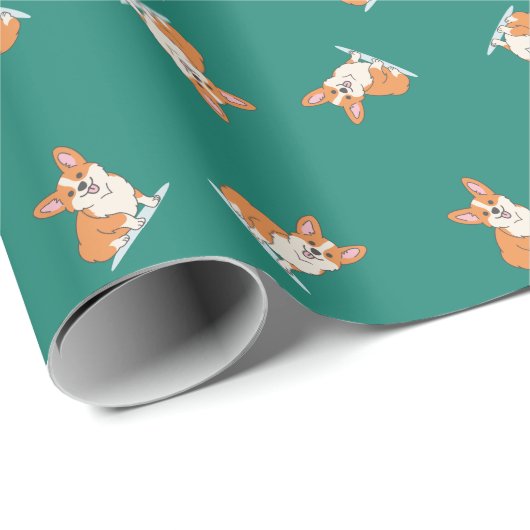 Funny Corgi Puppy in Green Wrapping Paper Cadeaupapier (Rol Hoek)
