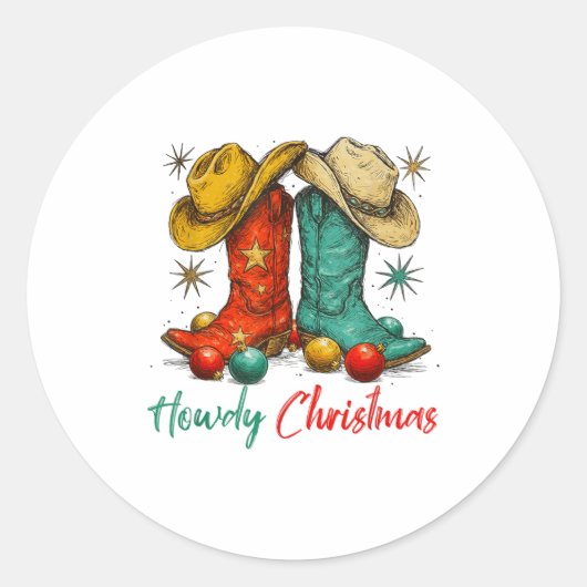 Funny Country Western Christmas Howdy Cowboy Boots Ronde Sticker (Voorkant)