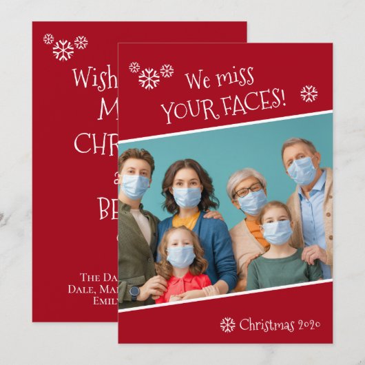 Funny Covid Foto we Miss Your Faces Red Feestdagenkaart (Voorkant / Achterkant)