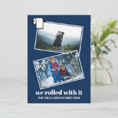 Funny Covid Kerstmis Twee Foto Modern Blue Feestdagenkaart (Staand voorkant)