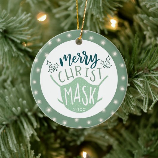 Funny COVID MERRY ChristusMASK Foto Green Keramisch Ornament (Boom)