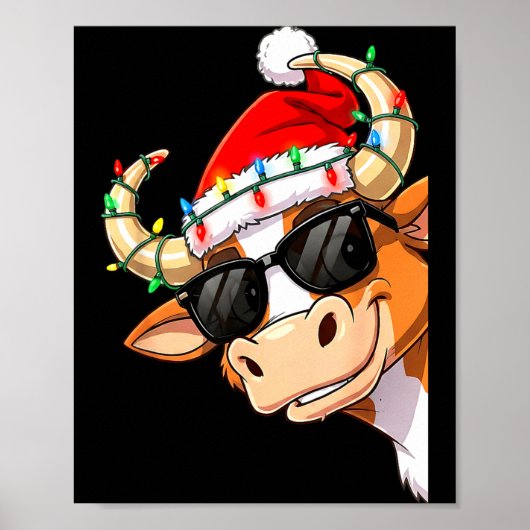 Funny Cow Christmas Cool Longhorn Santa Cow Hat Ho Poster (Voorkant)