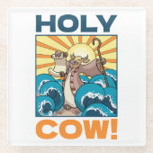Funny Cow Holy Cow! Visual Pun Animal Cartoon Glazen Onderzetter (Voorkant)