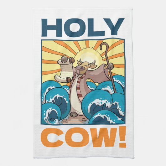 Funny Cow Holy Cow! Visual Pun Animal Cartoon Theedoek (Verticaal)