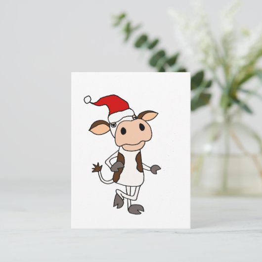 Funny Cow in Santa Hat-kerstCartoon Briefkaart (Staand voorkant)