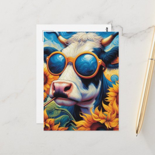 Funny Cow in Sunglasses in a Sunflower Field Briefkaart (Voorkant / Achterkant in situ)